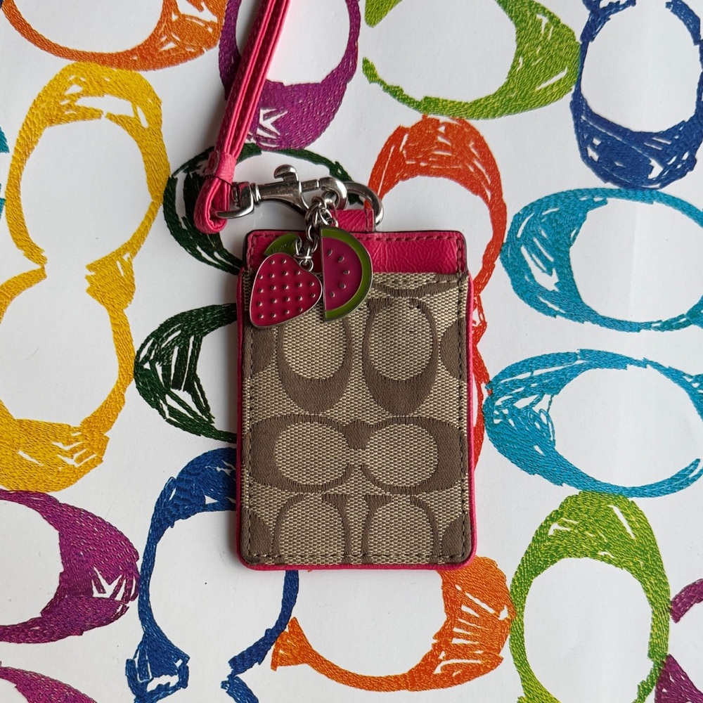 Coach Tan and Pink Card Holder with Strawberry Charm